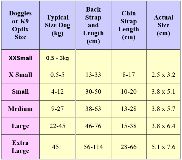 Tabel maten doggles K9 Pink zonnebril